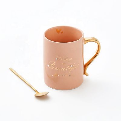 quality 400ml quà tặng màu hồng sữa cốc sứ tái sử dụng cà phê Ceramic mug với muỗng như một bộ quà tặng factory